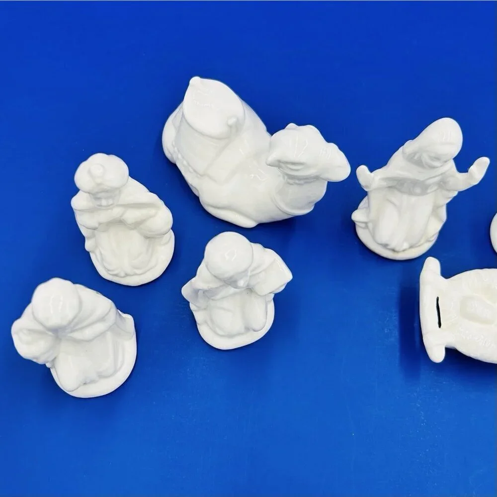 Christmas Nativity Scene Vintage White Ceramic Glazed 9 Piece Set Handmade